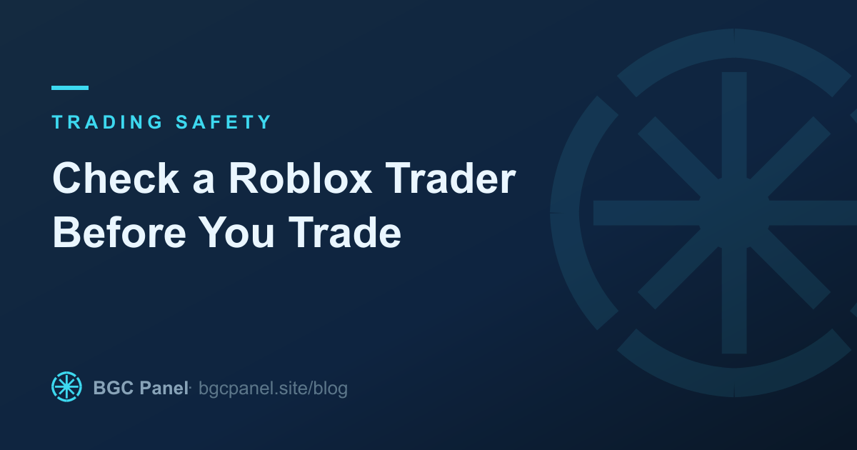 Illustrated cover for the BGC Panel guide on checking a Roblox trader for scam signals before trading