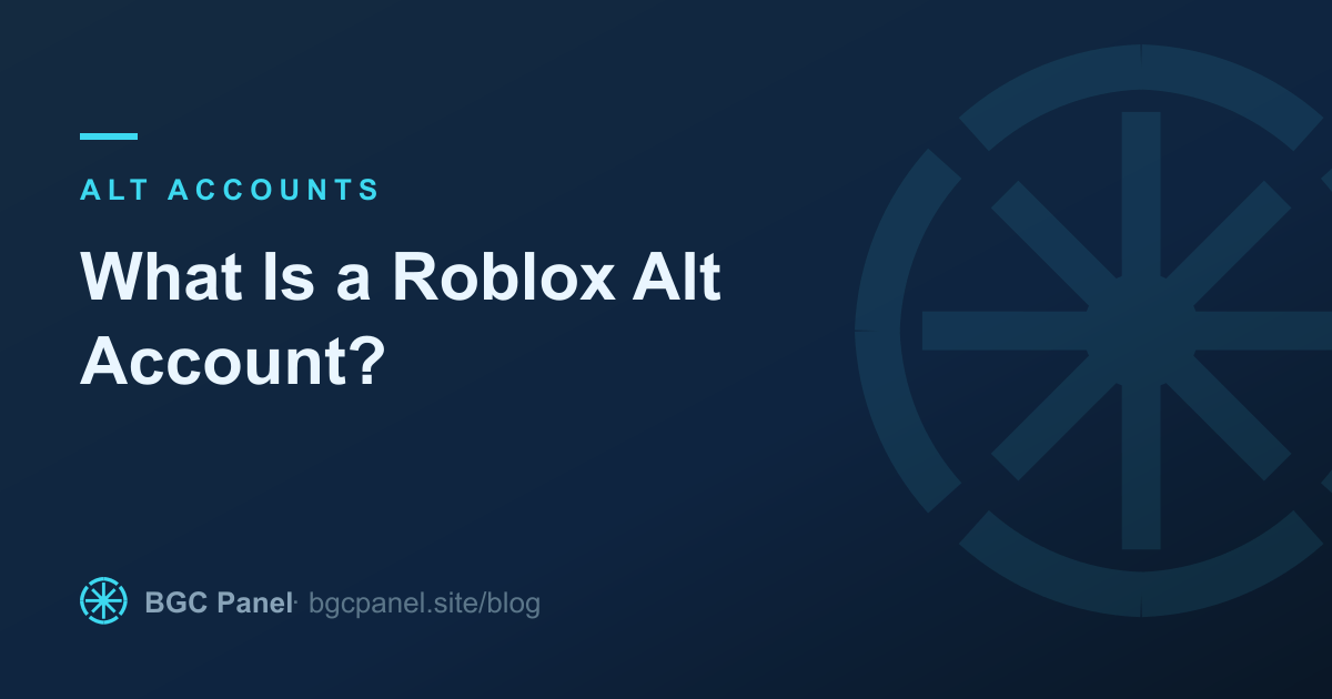 Illustrated cover for the BGC Panel guide explaining what a Roblox alt account is and how to spot one