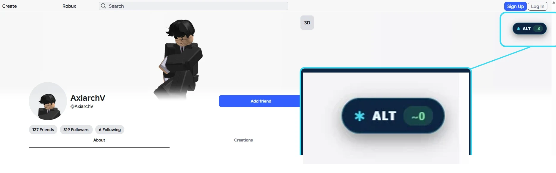 BGC Panel Chrome extension alt score badge on a Roblox profile, with a zoomed-in callout of the badge