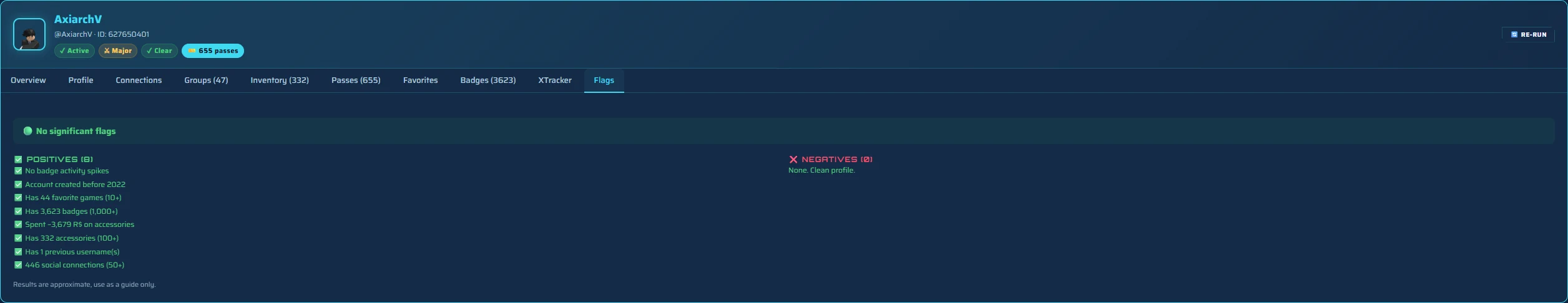Roblox profile viewer flags panel listing public risk signals read from an account
