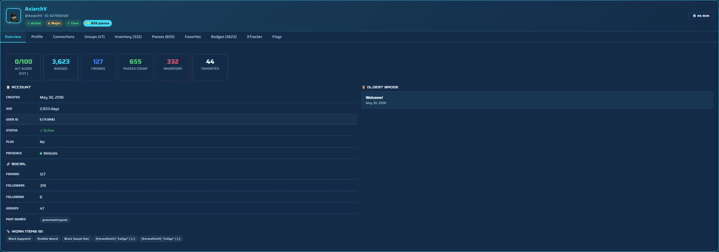 BGC Panel full background check report overview with alt score, badge count, friends, passes, inventory and account details