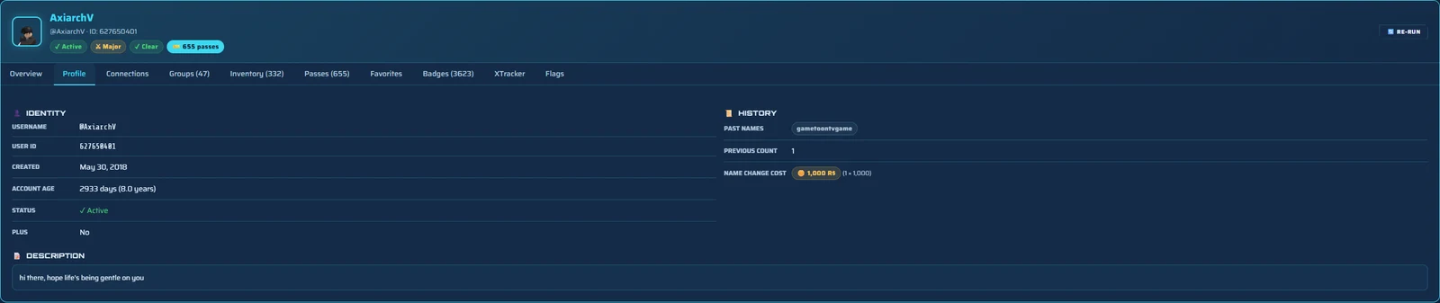 Roblox profile report from BGC Panel showing username, user ID, account age and history