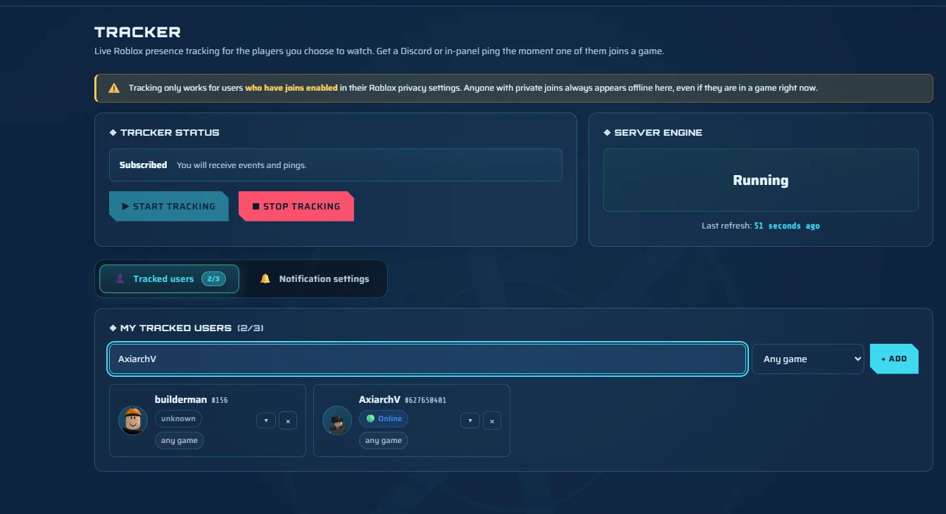 Roblox player tracker showing live online, in-game and offline status for tracked users